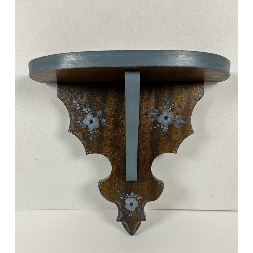 Small Wood Cottagecore Wall Shelf Floral Painted Blue Flowers 10.75"